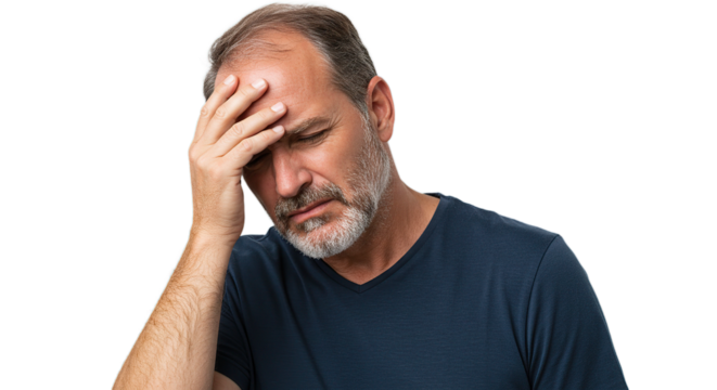 Man with hand on forehead looking down with concerned expression against a solid color space around him - Powered by Adobe