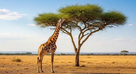 Giraffe Reaching for Tree Leaves in the African Savannah, Tanzania, East Africa
