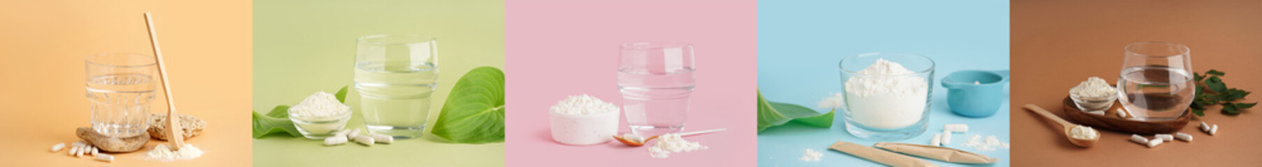 Collage of collagen powder and pills on color background