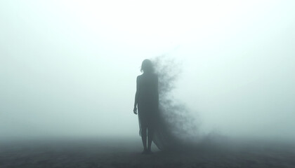 Solitary Figure Dissolving into Digital Pixels, Emotional Distress, Identity Loss, Moody Monochrome, High-Concept , Cinematic Lighting, Artistic Isolation, Psychological Themes, Luxury Aesthetic, Ultr