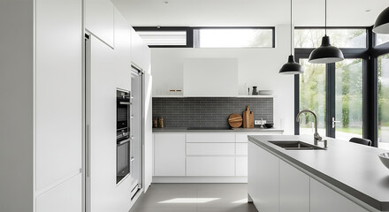 Modern White Kitchen Interior with Sleek Design Elements.