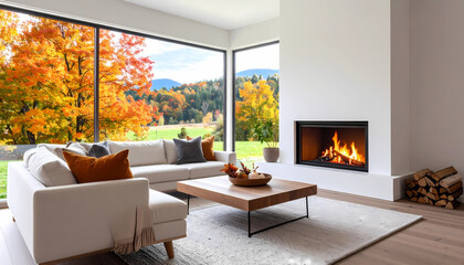 Autumn living room interior with fireplace