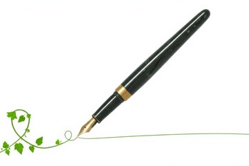 Fountain pen with green line and leaves on white background