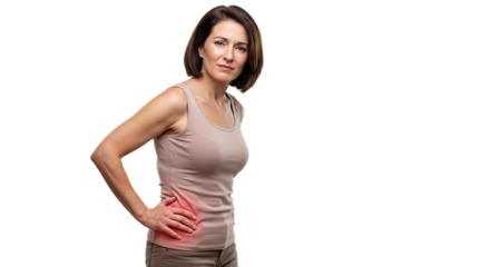 Woman holding her hip with a red glow indicating pain on a dark plain colored surface area space
