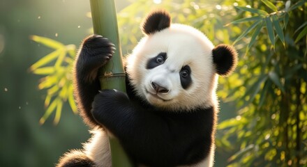 Obraz premium Cute Giant Panda Climbing Bamboo Tree in Natural Habitat, Wildlife Photography