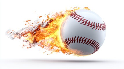 The image of a blazing baseball in mid-air is presented on a clean white and transparent background, isolated and cut out for use as stock
