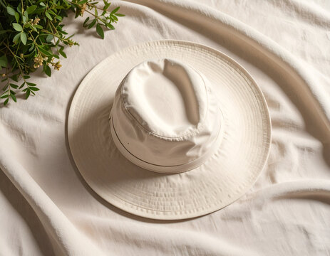 A stylish white bucket hat displayed on a textured linen fabric, perfect for summer fashion mockups.