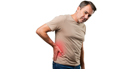 Man with hand on his lower back experiencing pain with a concerned expression on his face looking at viewer
