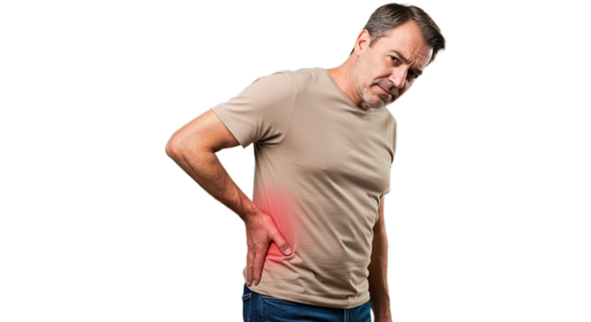 Man with hand on his lower back experiencing pain with a concerned expression on his face looking at viewer