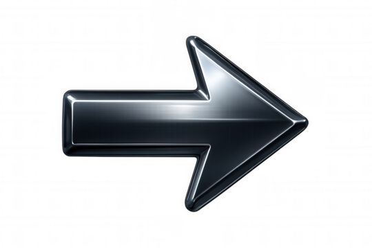 3d render of a modern metallic arrow pointing to the right, isolated on a transparent background, representing forward movement and advancement