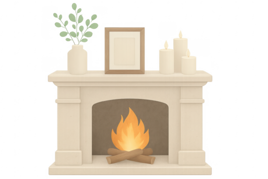 Fireplace burning with candles, plant and empty frame on transparent background - Powered by Adobe