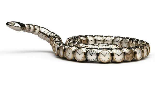 A coiled snake-shaped creation made of timepieces
