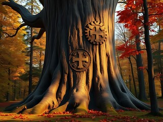 A colossal tree trunk with carved emblems stands in a vibrant autumn forest bathed in warm sunlight.