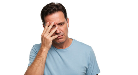 A man wearing a blue shirt with his hand on his face looking concerned and slightly downward gaze