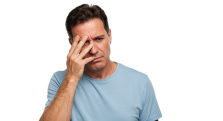 A man wearing a blue shirt with his hand on his face looking concerned and slightly downward gaze