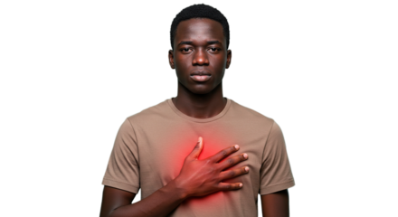 Man with hand on chest and red glow indicating pain or discomfort in the chest area on a plain setting