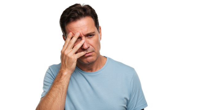 A man wearing a blue shirt with his hand on his face looking concerned and slightly downward gaze - Powered by Adobe