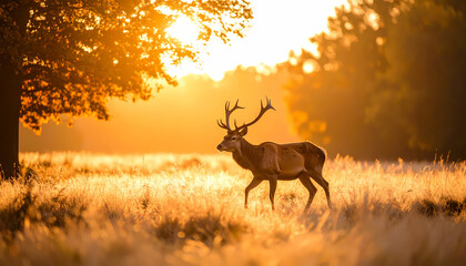 Obraz premium Deer walking through golden field at sunset
