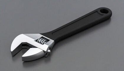 Obraz premium Adjustable wrench tool on gray background with metal repair instrument.