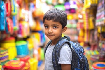 Little indian boy with new backpack in stationery store, shopping for school supplies concept, sale and discount, preparing for back to school