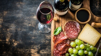Wine and cheese tasting platter.  Selection of cured meats, cheeses, grapes, and wine.  Appetizing and flavorful spread on a rustic wooden board