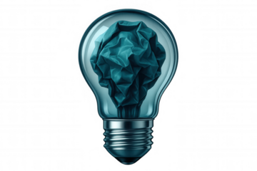 Light bulb with crumpled paper representing lack of ideas, creative block, and the search for inspiration in business or education, on a clear background