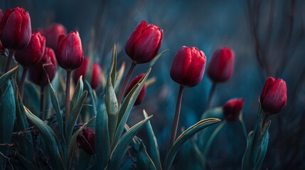 In this peaceful scene, a garden with red tulips takes center stage, complemented by a misty forest background, and teeming with colorful blossoms, lush foliage, and an abundance of beautiful spring