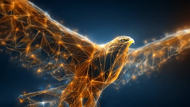 Luminous, low-poly style, avian shape soars on a dark backdrop