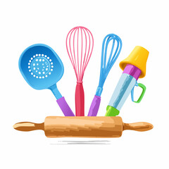 Colorful Baking Tools Vector Illustration of Rolling Pin, Whisks, and Measuring Cup for Kitchen and Culinary Projects