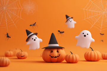 Obraz premium Halloween pumpkin with witch hat and ghost decoration on orange background with spider web and spider