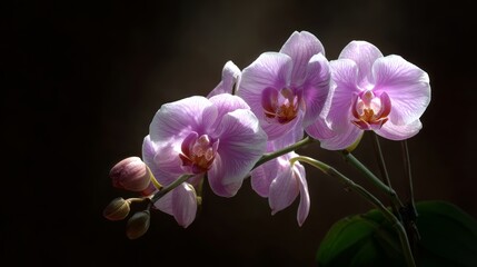 A dark background highlights a close-up of pink orchids with buds
