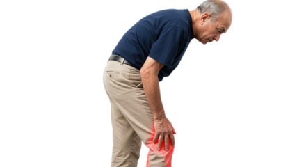Man clutching his knee with superimposed red pain indication on a solid color surface image
