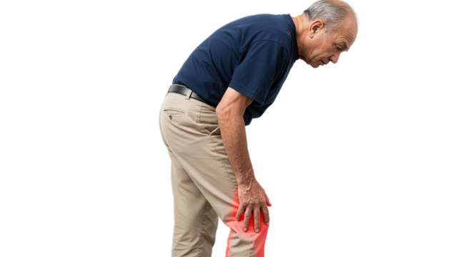 Man clutching his knee with superimposed red pain indication on a solid color surface image