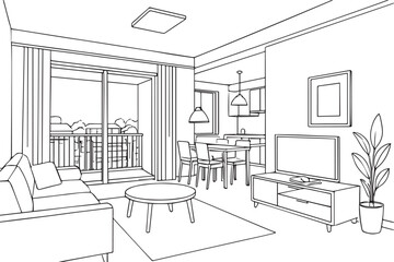 Cozy Living Room and Dining Area with Balcony View - Line Art Illustration