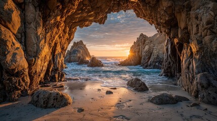 Ocean sunset viewed from a sea cave