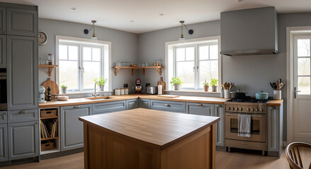 Fototapeta premium Modern Farmhouse Kitchen with Light Grey Cabinets and Wooden Island.