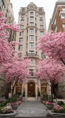 Tall beige building, framed by blossoming pink trees, sits on a paved path