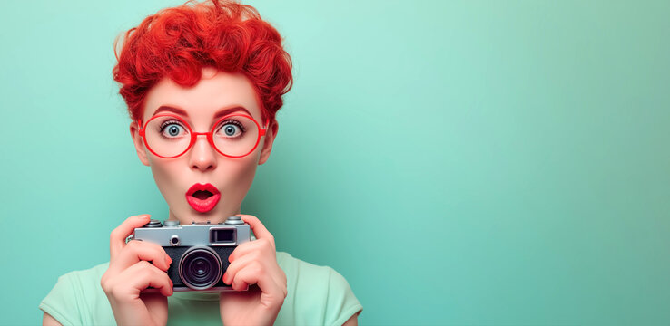 Funny surprised young female photographer with a retro film digital camera in hands on isolated background with copy space. Banner for photo school of educational photography
