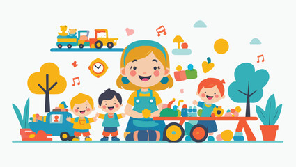 Joyful children learning and playing with teacher in vibrant classroom setting with toys and games