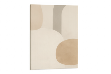 Modern abstract painting with beige and gray shapes on transparent background