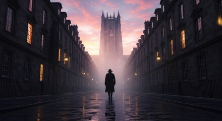 Solitary Figure Walking Towards Gothic Cathedral on a Misty Evening Street
