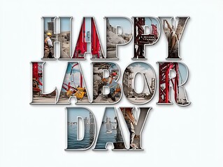 Creative collage design for Labor Day: "HAPPY" text composed of workers, machinery, and construction scene photos with 3D cutout effect on white background, ideal for posters/social media/advertising