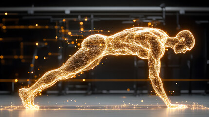 AI personal trainer hologram demonstrating perfect form