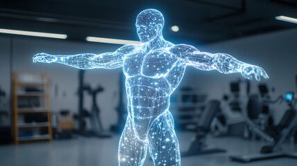 AI personal trainer hologram demonstrating perfect form
