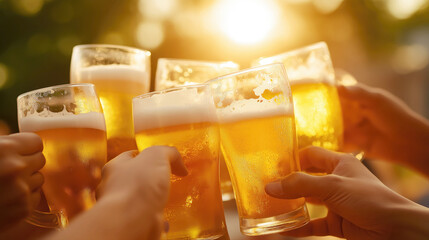 Happy friends clink glasses with foamy beer on summer vacation in nature on a sunny day in outdoor