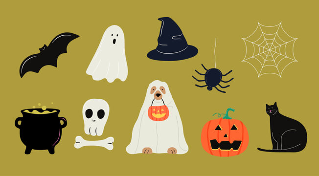 Halloween Vector Illustration Set. Pumpkin, Ghost, Witch, Spider