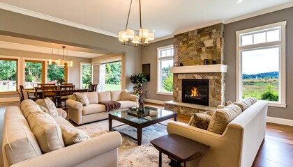 Fototapeta premium Cozy Living Room with Stone Fireplace and Scenic View