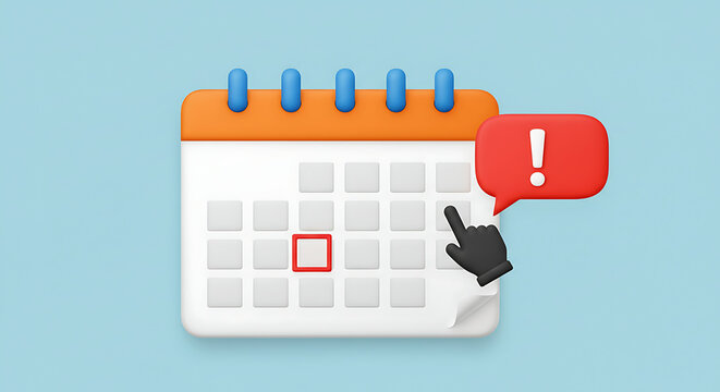 Digital calendar with cursor highlighting a date and exclamation mark notification symbol