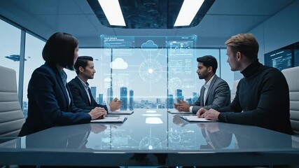 Futuristic business meeting in a high-tech boardroom with holographic data displays overlooking a global city. - Powered by Adobe