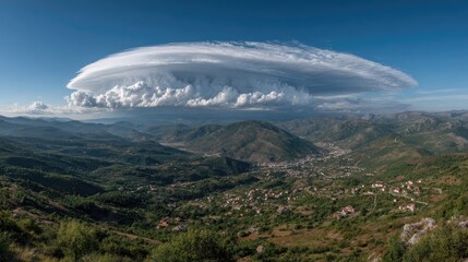 Panoramic view of a lenticular cloud over a valley and mountain range